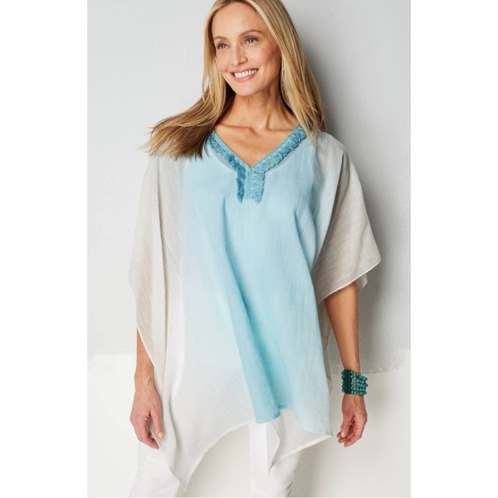 NWT J. Jill Ombre Poncho With Neckline Trim In Light Blue White Plus Size XL-3X